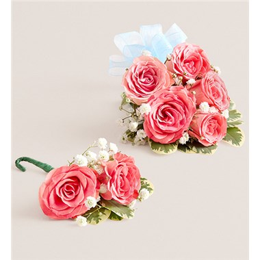 Pink Spray Corsage & Bout Light Blue Bow
