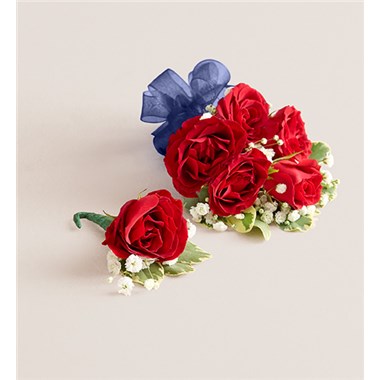 Red Spray Corsage & Bout - Navy Blue Bow